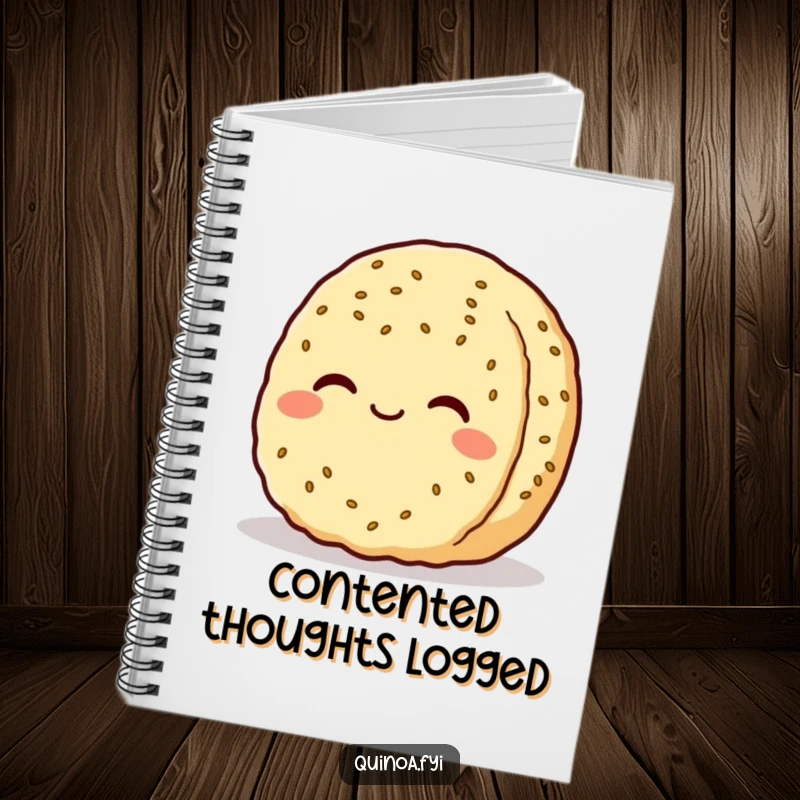 Funny quinoa patty character notebook, featuring a serene smile, perfect for jotting down peaceful thoughts and reflections.