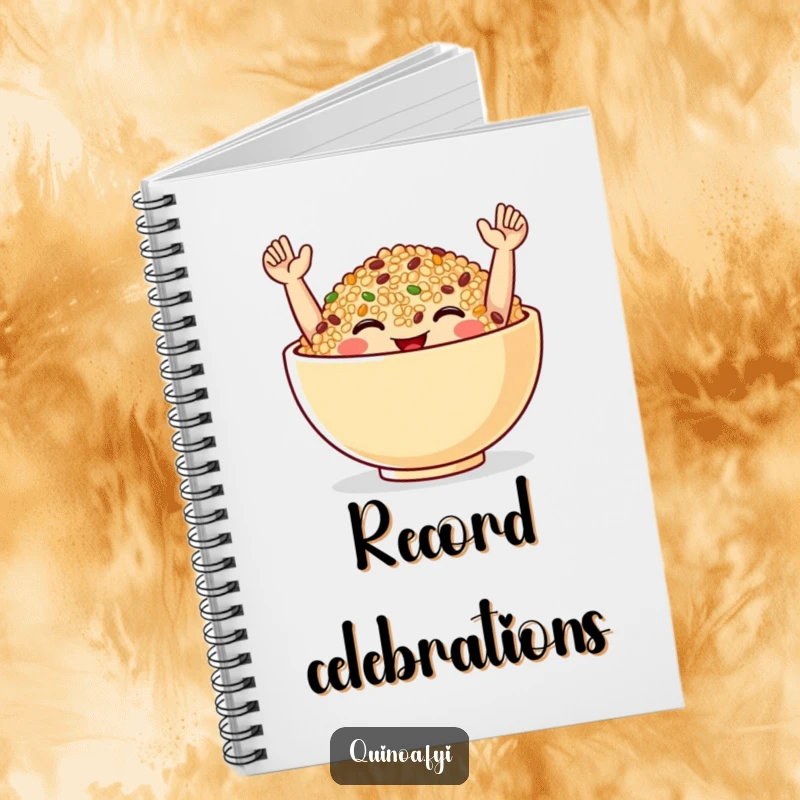 Funny Notebook featuring a smiling quinoa bowl in a celebratory pose, ideal for jotting down plans and cheerful ideas.