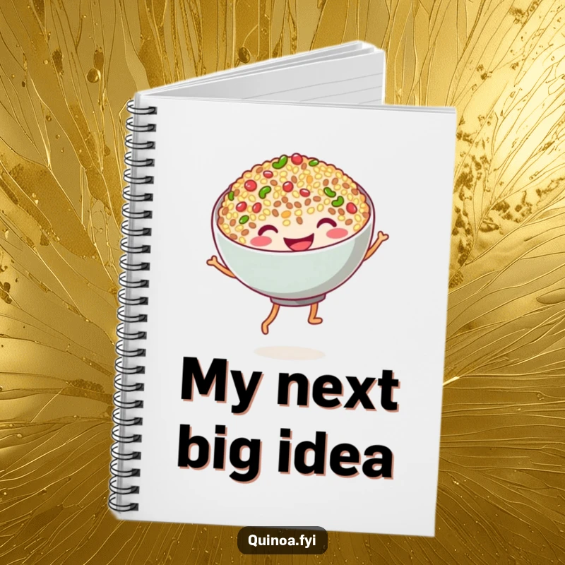 Funny quinoa dance notebook showing a grinning bowl of quinoa with stubby noodle legs in a lively dance, ideal for capturing ideas.