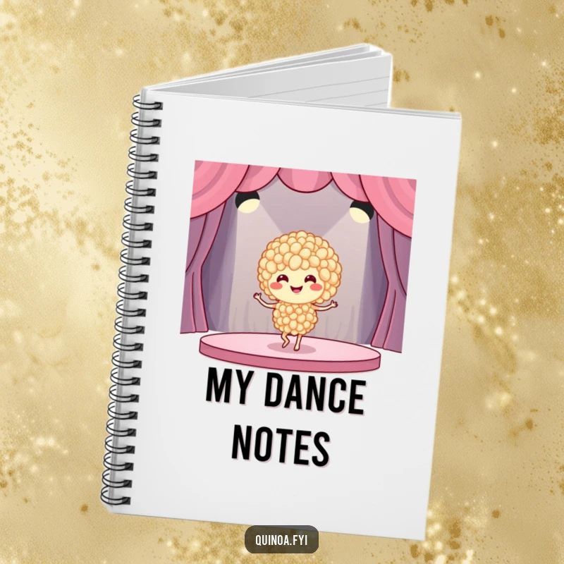 Funny quinoa dancer notebook showcasing a smiling quinoa grain cluster in a dynamic dance pose, ready to inspire writing and drawing.