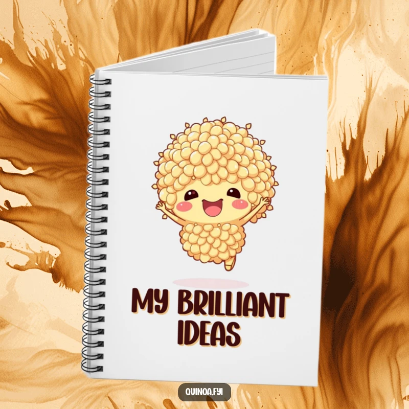 Funny Quinoa Notebook: A happy, anthropomorphic quinoa cluster does a playful hop on the cover, ready to inspire note-taking.