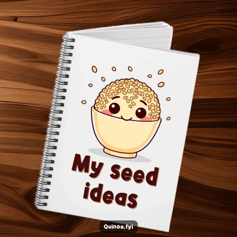 Funny Quinoa Notebook featuring a happy face juggling seeds, perfect for jotting down notes with a humorous touch.
