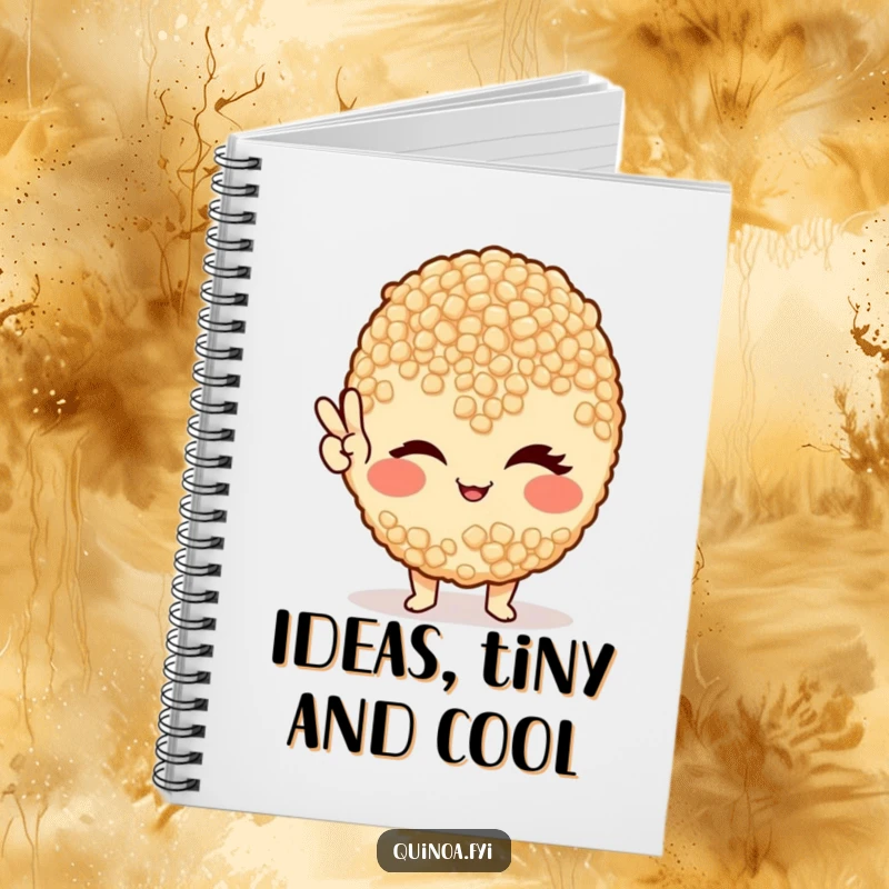 Funny notebook cover with a winking quinoa grain giving a peace sign, inspiring healthy thoughts.