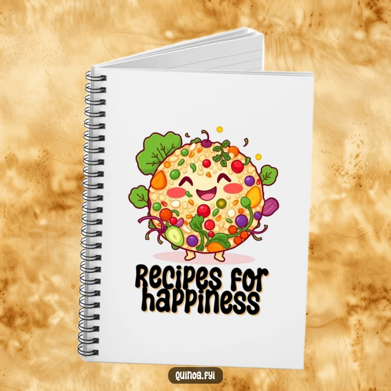 Funny quinoa salad character notebook, featuring a smiling bowl of colorful ingredients, ideal for jotting down thoughts and recipes.