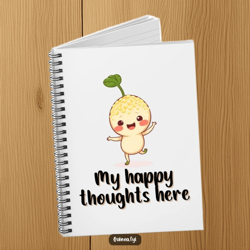 Funny notebook featuring a cheerful quinoa sprout character hopping with joy, perfect for writing and brainstorming.