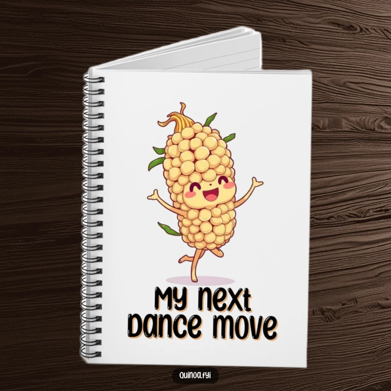 Funny notebook with a jovial quinoa stalk character doing a flamboyant twirl, perfect for jotting down energetic thoughts and plans.