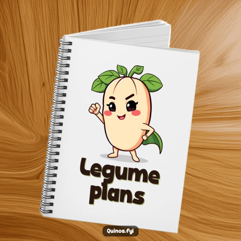 Funny notebook with a charming anthropomorphic legume in a superhero pose, winking playfully, perfect for note-taking.