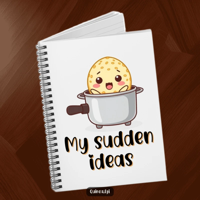 Funny notebook cover with a surprised quinoa grain popping out of a tiny cooking pot, ready for inspiration.