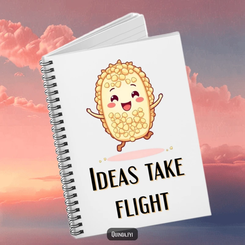 Funny notebook with a delightful hopping quinoa grain character on the cover, perfect for journaling or note-taking with a dose of humor.