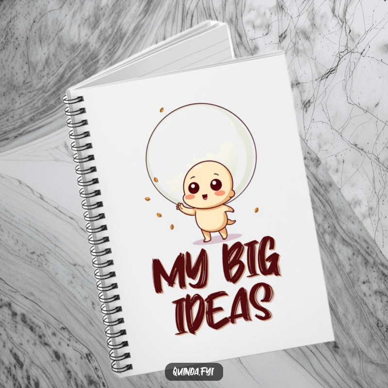 Funny notebook featuring a playful quinoa character blowing a giant bubble with quinoa seeds, perfect for jotting down cheerful thoughts.