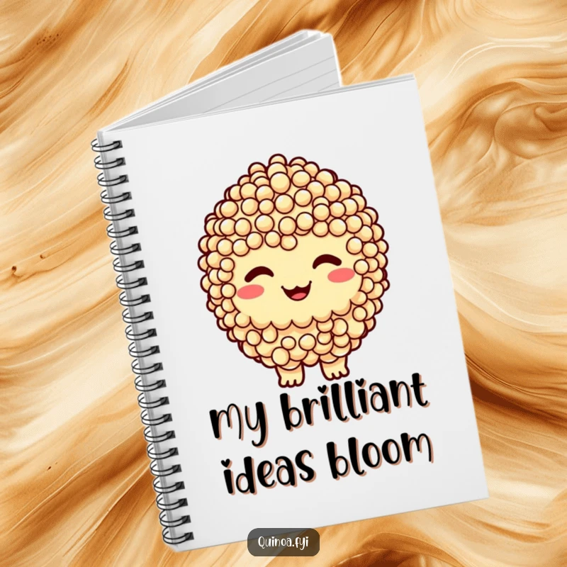 Funny notebook featuring a smiling quinoa cluster character with a cheeky grin, perfect for journaling and creative writing.