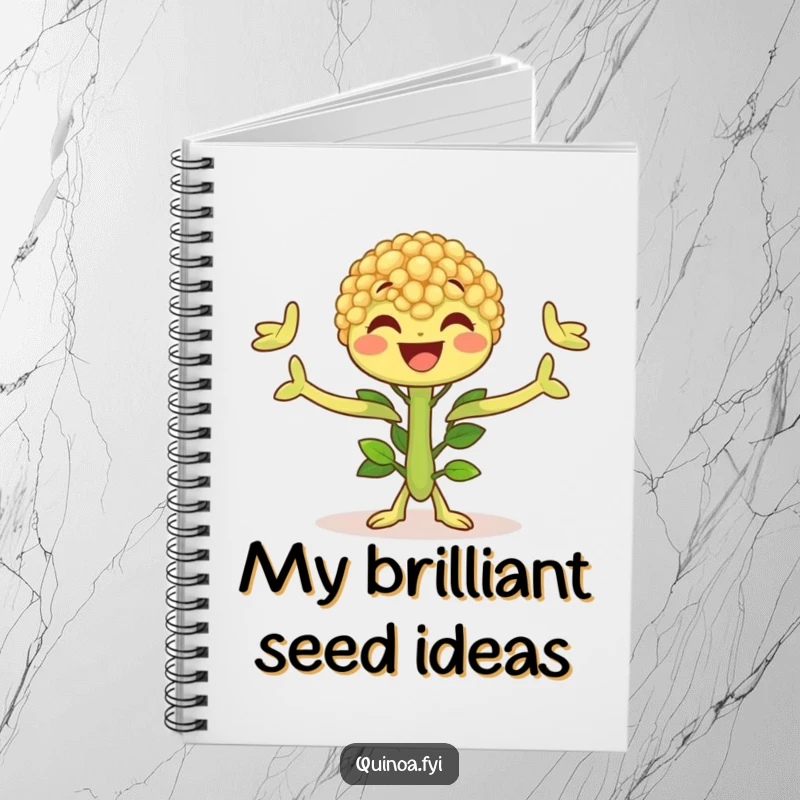 Funny Quinoa Plant Notebook with a joyful character on the cover, encouraging happy writing and creative plant-themed ideas.