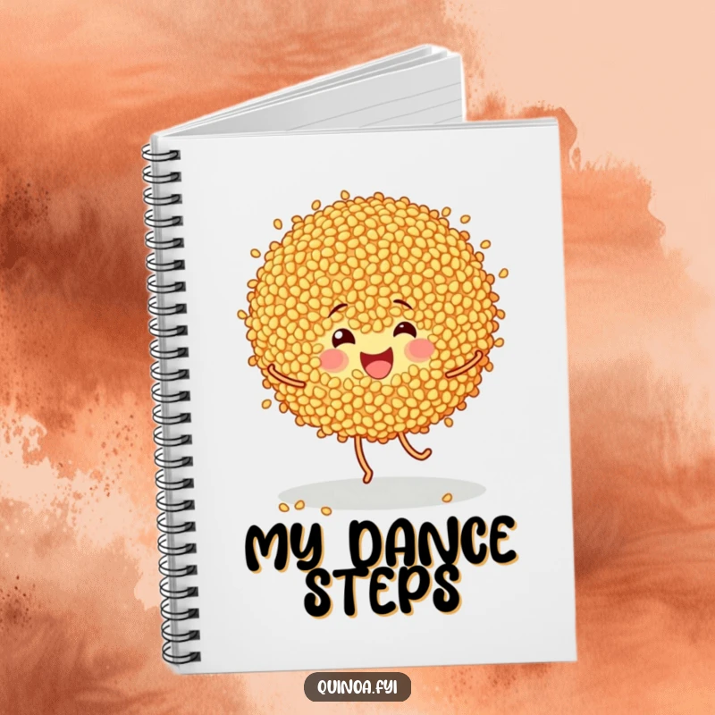 Funny notebook featuring cheerful quinoa grains doing a happy little dance, great for jotting down fun ideas and recipes.