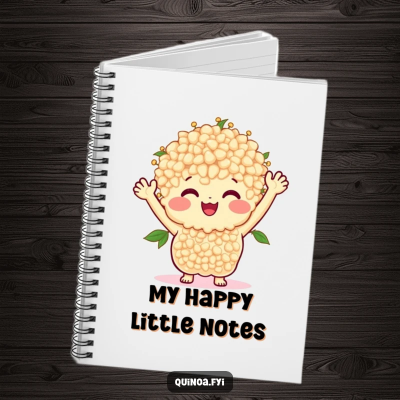 Funny notebook cover with a smiling bunch of quinoa with arms waving happily, encouraging friendly notes.