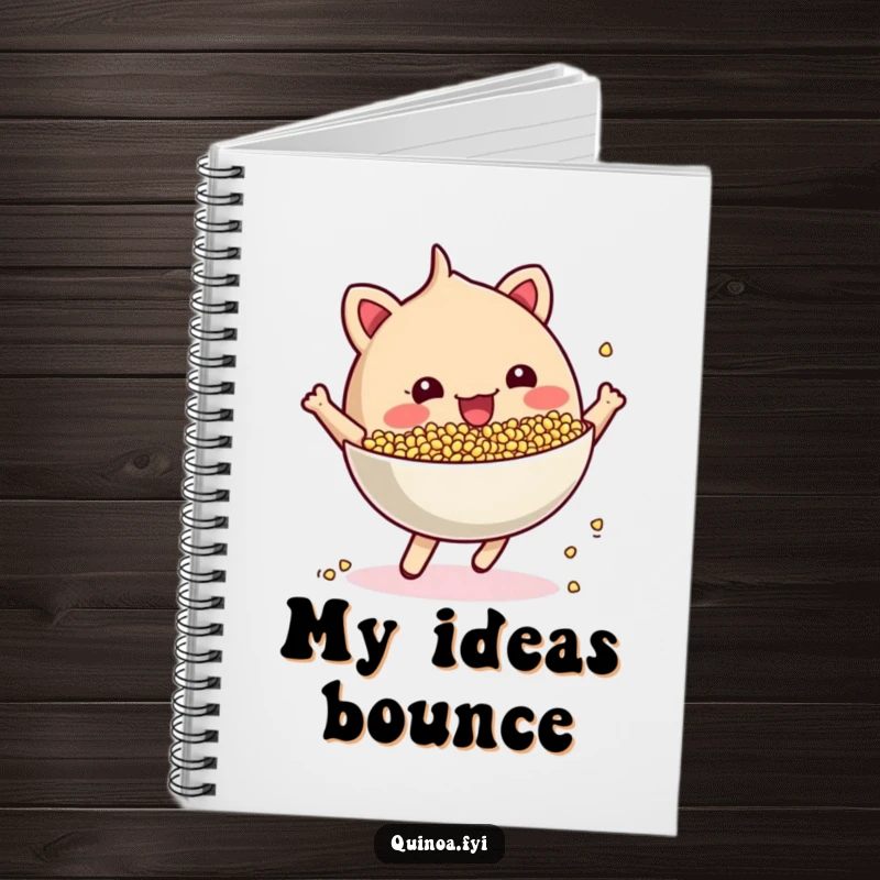Funny cheerful, anthropomorphic quinoa bowl bouncing energetically notebook, encouraging note-taking and idea generation with a lively character.