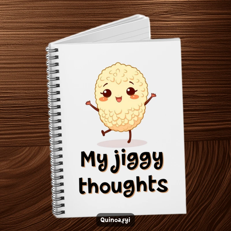 Funny notebook cover with a joyful quinoa grain with legs doing a little jig, encouraging happy thoughts.