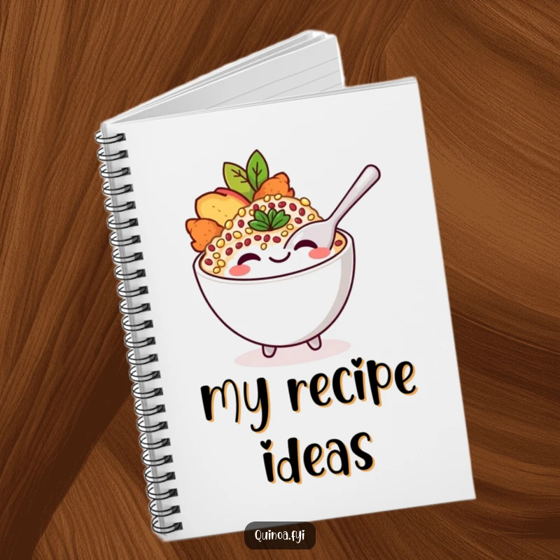 Funny notebook featuring a smiling quinoa bowl character with a playful spoon, great for jotting down fun food ideas.