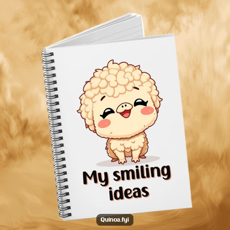 Funny notebook with a giggling quinoa creature with a very large, excited smile, perfect for jotting down happy thoughts and joyful ideas.