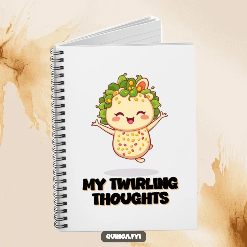 Funny anthropomorphic quinoa salad winking and twirling, perfect for a humorous notebook.