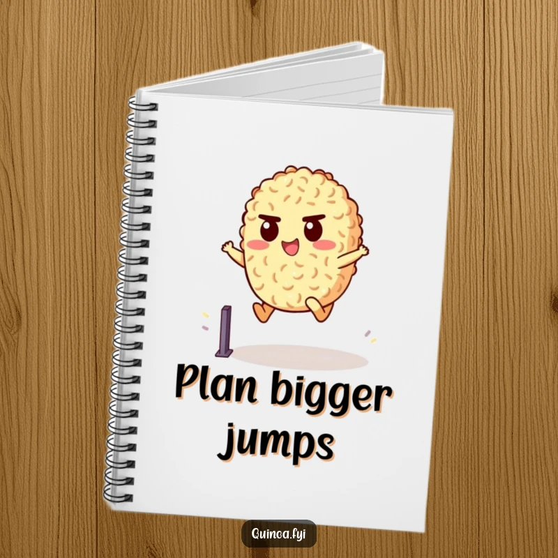 Funny Notebook featuring a determined quinoa character leaping over a hurdle, ideal for planning success and jotting down motivated thoughts.