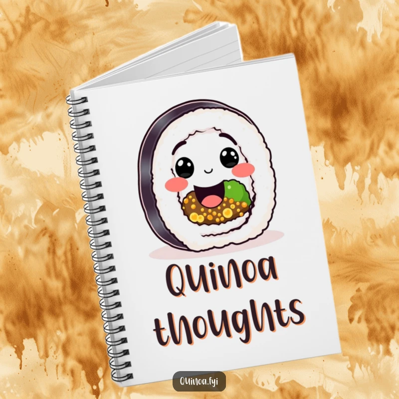 Funny Sushi Quinoa Roll Notebook with a happy character, quinoa filling, and a big smile, a humorous gift.