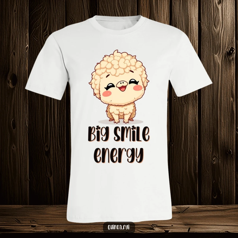 Funny t-shirt featuring a giggling quinoa creature with a very large, excited smile, perfect for spreading cheer and good vibes.