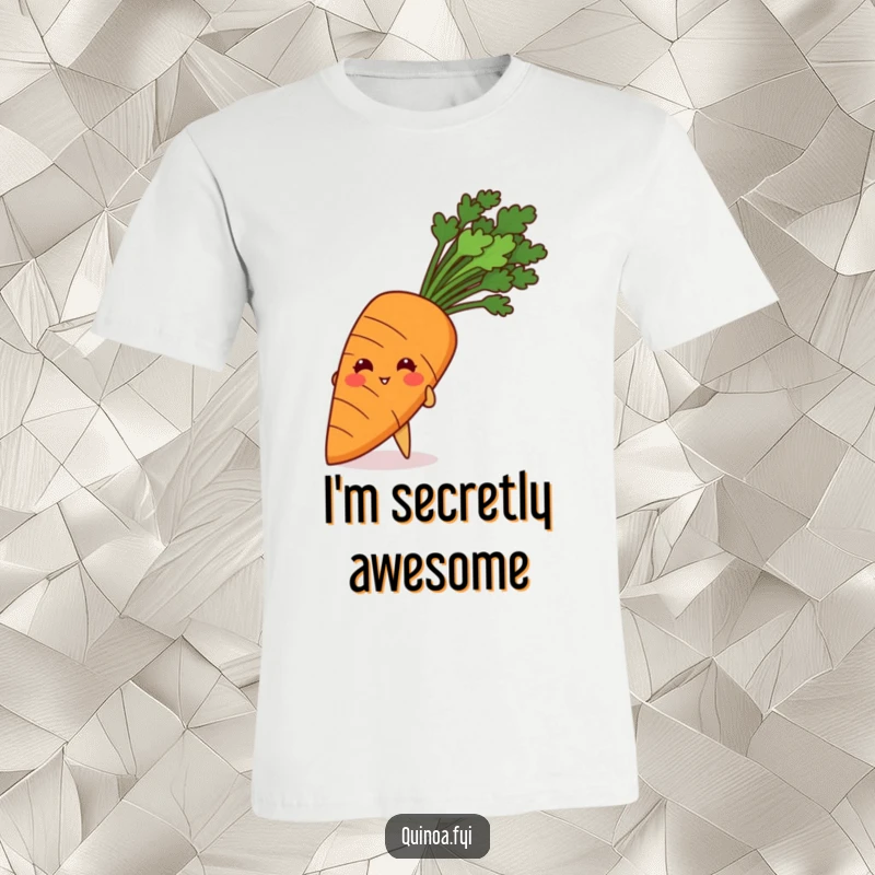 Funny t-shirt depicting a tiny, giggling quinoa grain peeking out playfully from behind a large carrot.