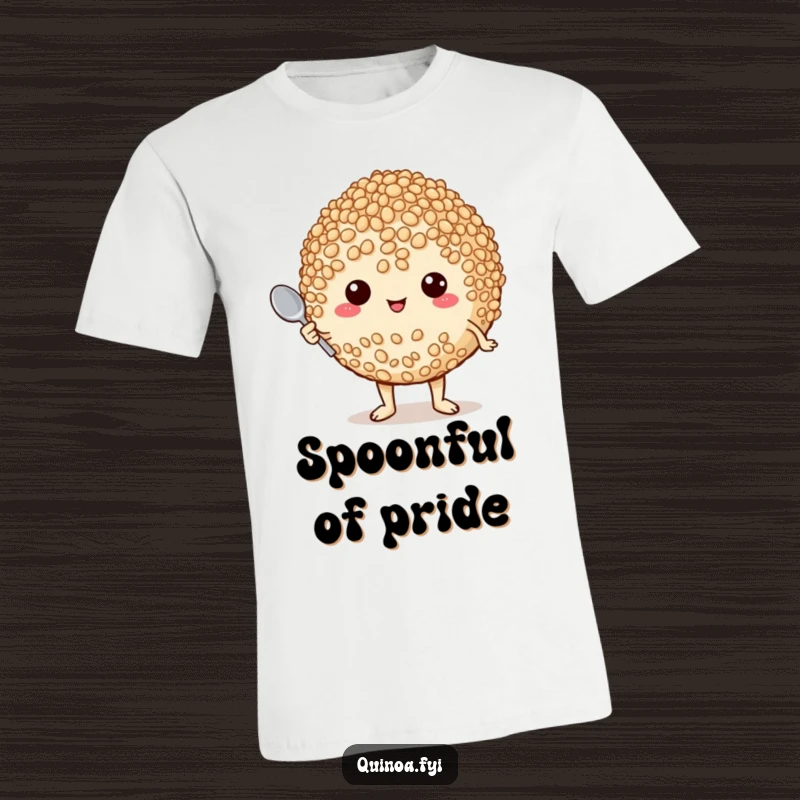 Funny t-shirt depicting a plump quinoa grain character puffing with pride, proudly holding a tiny spoon, showcasing culinary confidence.