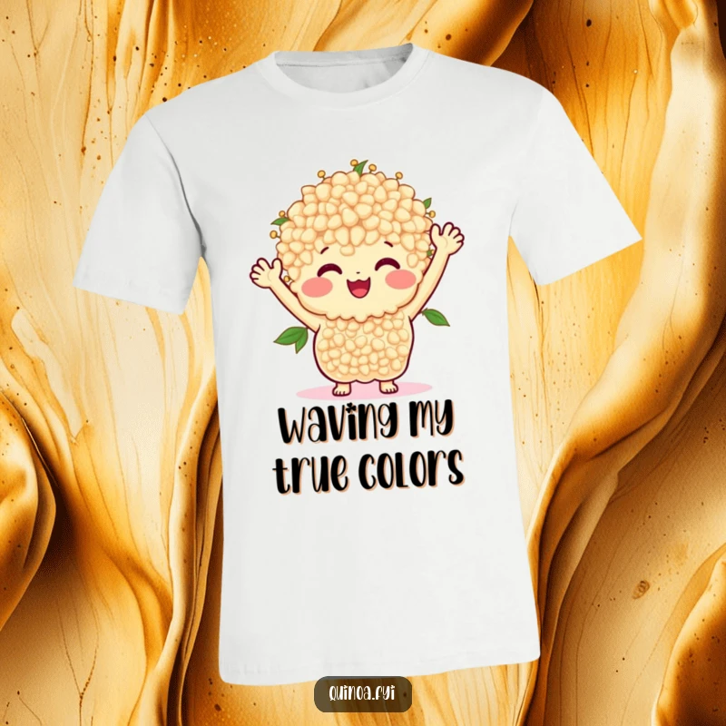 Funny t-shirt graphic of a smiling bunch of quinoa with arms waving happily, embodying cheerful greetings.