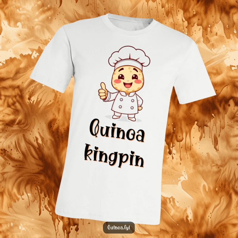 Funny quinoa chef t-shirt featuring a smiling chef made of quinoa giving a confident thumbs up.
