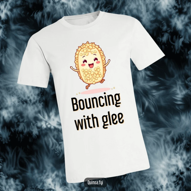 Funny t-shirt design featuring a cute quinoa grain character joyfully hopping, perfect for spreading happiness and making a unique fashion statement.