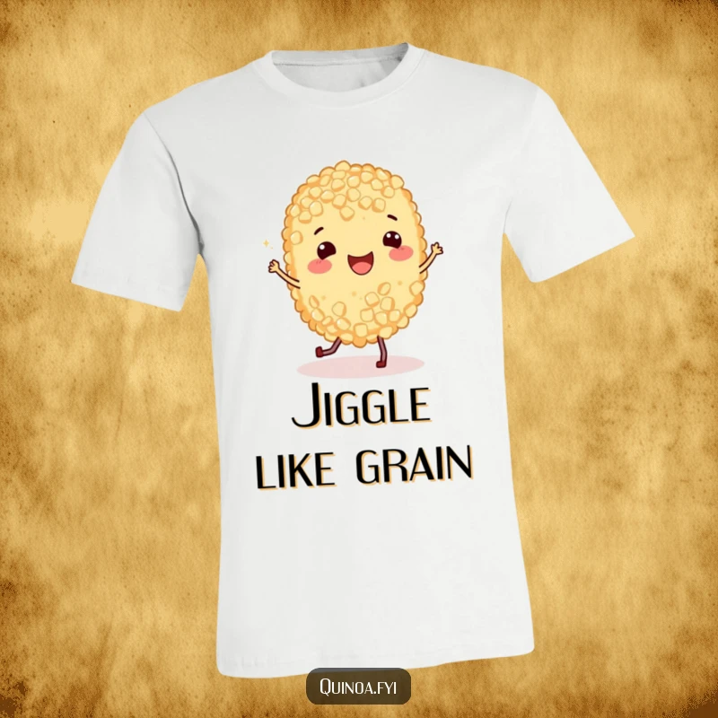Funny T-Shirt with a happy quinoa grain performing a cheerful jig with its tiny legs, showcasing a humorous and energetic food character.
