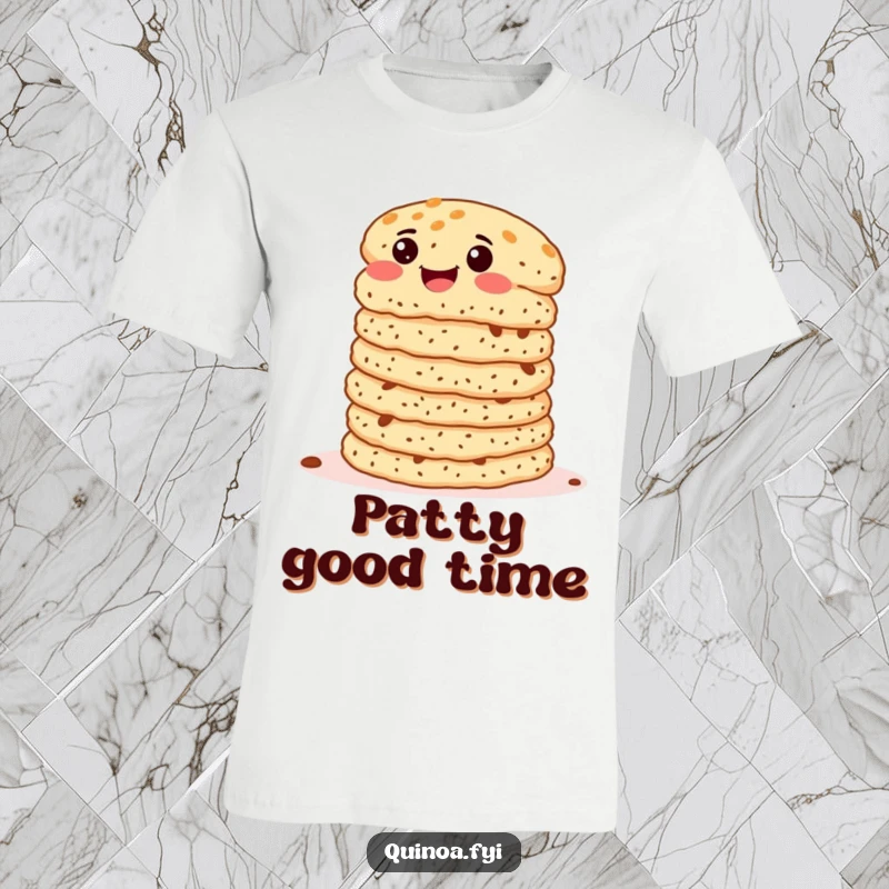 Funny Quinoa Patties T-Shirt with a stack of patties wiggling joyfully, a humorous tribute to tasty food.