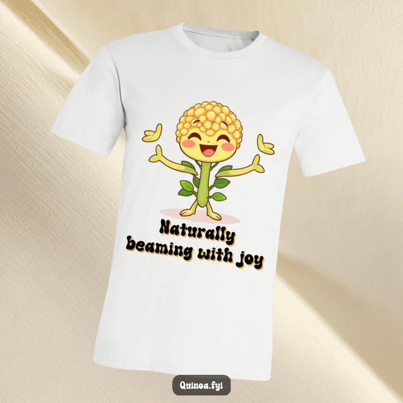 Funny Quinoa Plant T-Shirt with a cheerful character showing off leafy arms, radiating happiness and natural vibes.