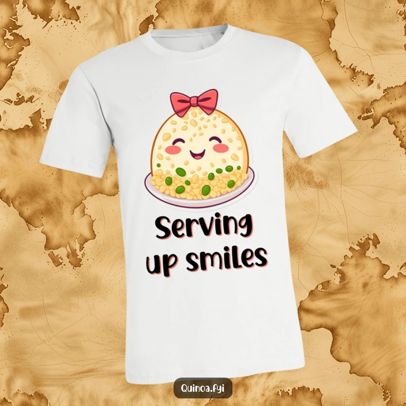 Funny Quinoa Plate T-Shirt featuring a happy grinning plate of quinoa performing a polite bow, ideal funny gift.