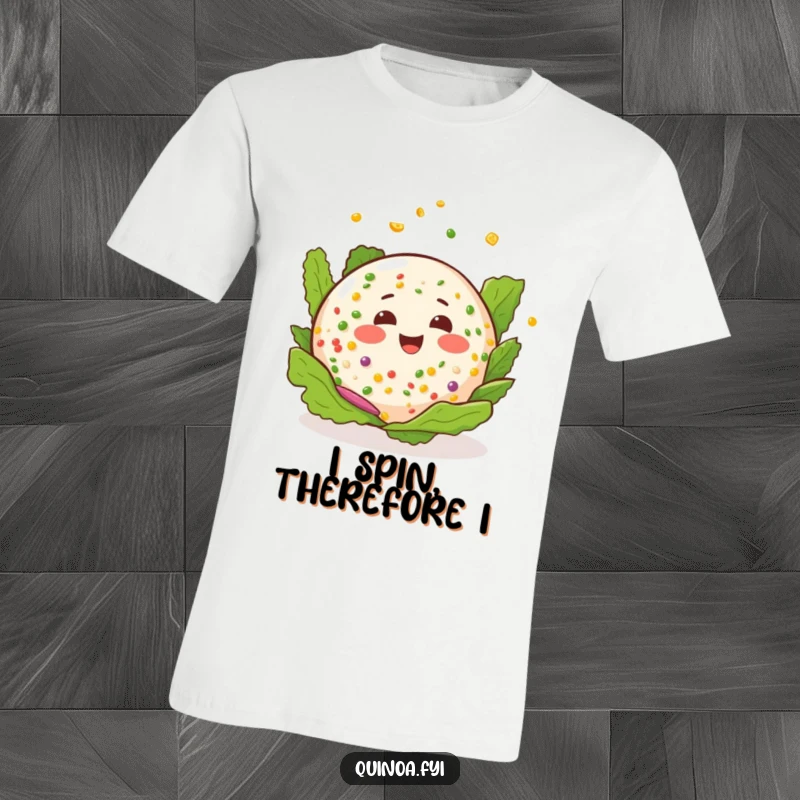 Funny quinoa salad t-shirt showing a happy salad with a cheerful expression, playfully spinning with joy.