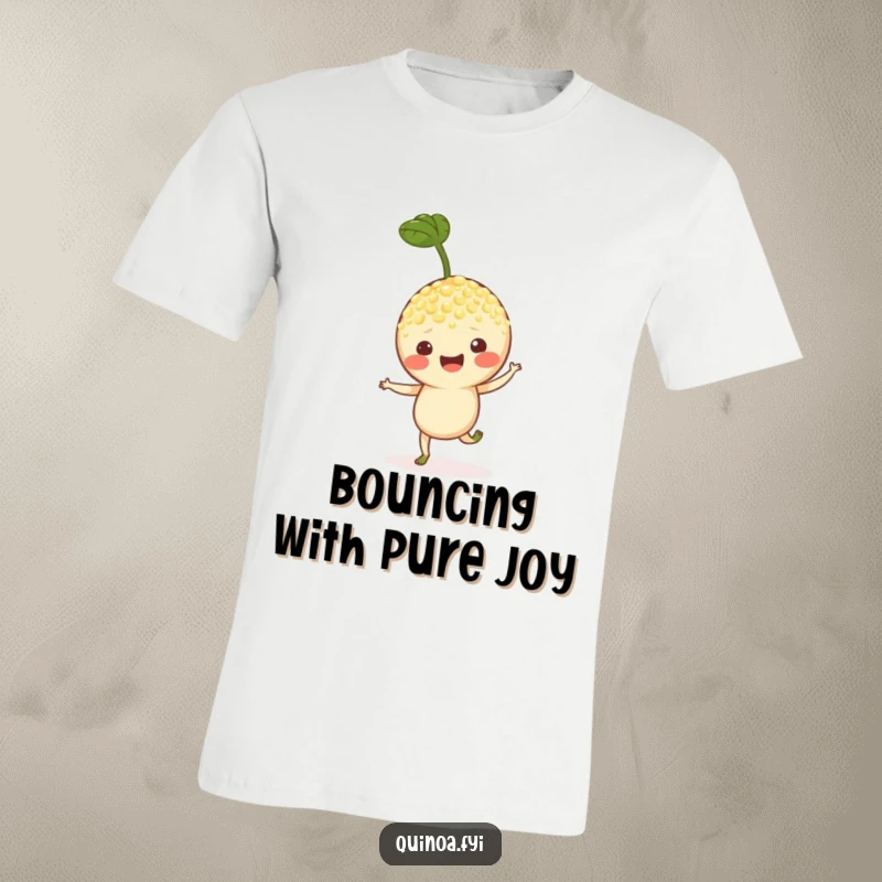 Funny t-shirt with a cheerful quinoa sprout character caught mid-hop, symbolizing playful energy and contagious happiness.