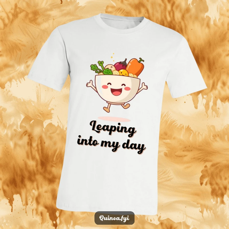 Funny t-shirt depicting a smiling bowl of quinoa and vegetables performing an energetic, joyful leap.