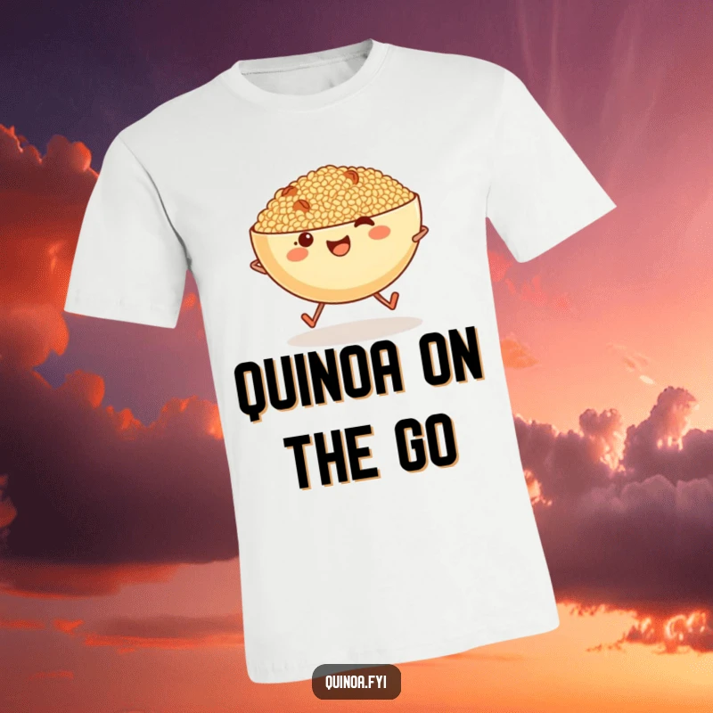 Funny, cheerful, anthropomorphic bowl of quinoa with tiny legs happily skipping in a playful manner.