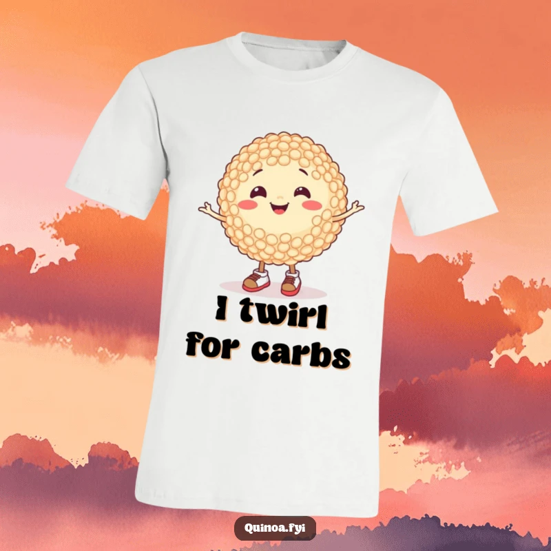 Funny t-shirt with a smiling quinoa grain in tiny shoes, spinning cheerfully, a humorous and playful design for any occasion.