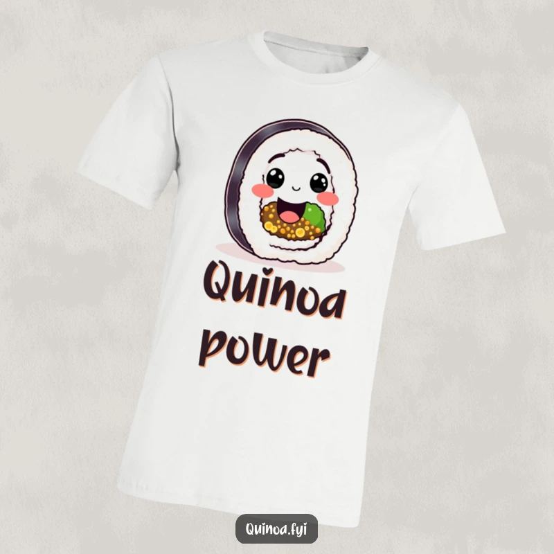 Funny Sushi Quinoa Roll T-Shirt with a happy character, quinoa filling, and a big smile, a humorous gift.