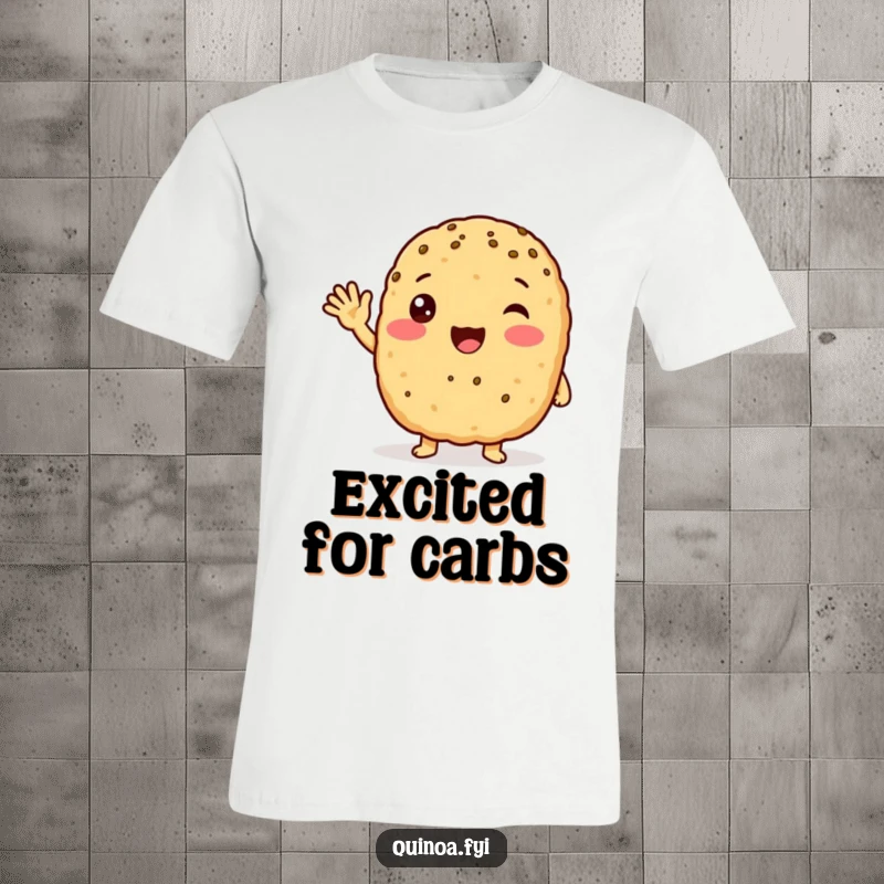 Funny anthropomorphic quinoa patty with a friendly wave, looking excited and ready to greet everyone it meets.