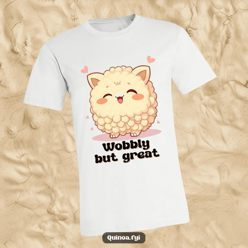Funny T-Shirt depicting a wobbly quinoa cluster winking playfully, showcasing a humorous and mischievous food character.