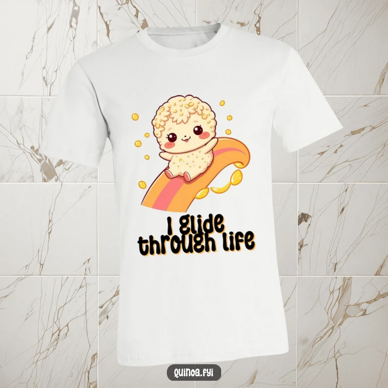 Funny quinoa character gleefully sliding down a surreal rainbow made of oil on a comfortable t-shirt, showcasing playful absurdity.