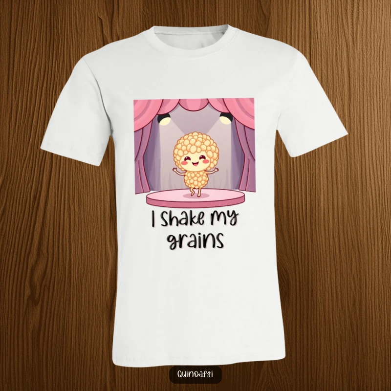 Funny quinoa dancer t-shirt showcasing a smiling grain cluster in a dynamic dance pose on a miniature stage, embodying energetic humor.