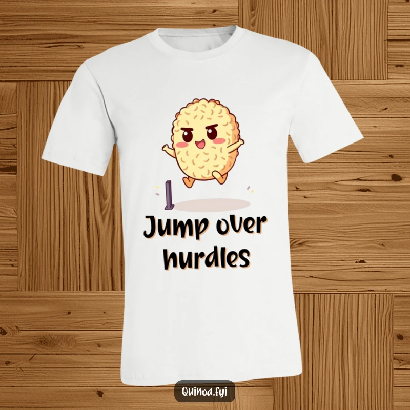 Funny T-Shirt depicting a cheerful quinoa character determinedly leaping over a small hurdle, showcasing a humorous and athletic food design.