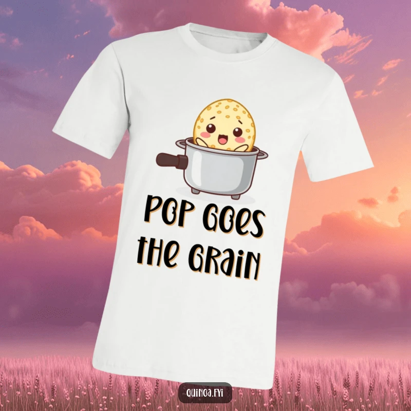 Funny t-shirt graphic of a quinoa grain with a shocked expression, leaping out of a tiny cooking pot.