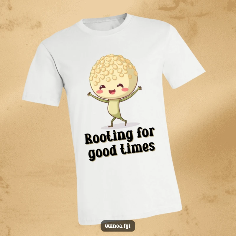 Funny Quinoa Sprout T-Shirt with a dancing character whose roots playfully wiggle, capturing the essence of energetic movement.