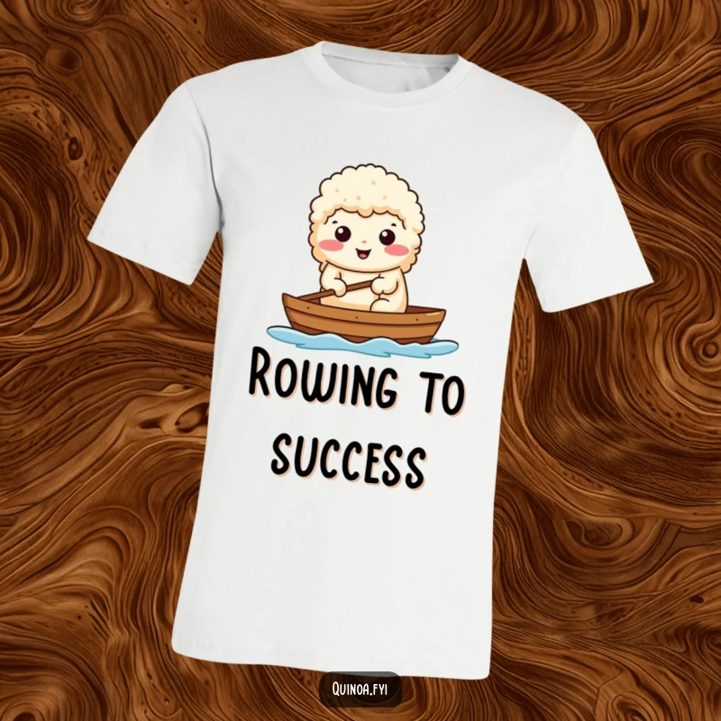 Funny t-shirt featuring a confident quinoa character skillfully rowing a tiny boat, ready for any challenge.