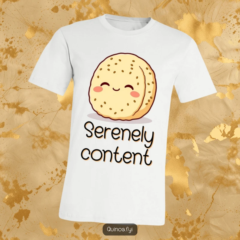 Funny quinoa patty t-shirt, depicted with a serene smile and contented look, representing a state of calm happiness.